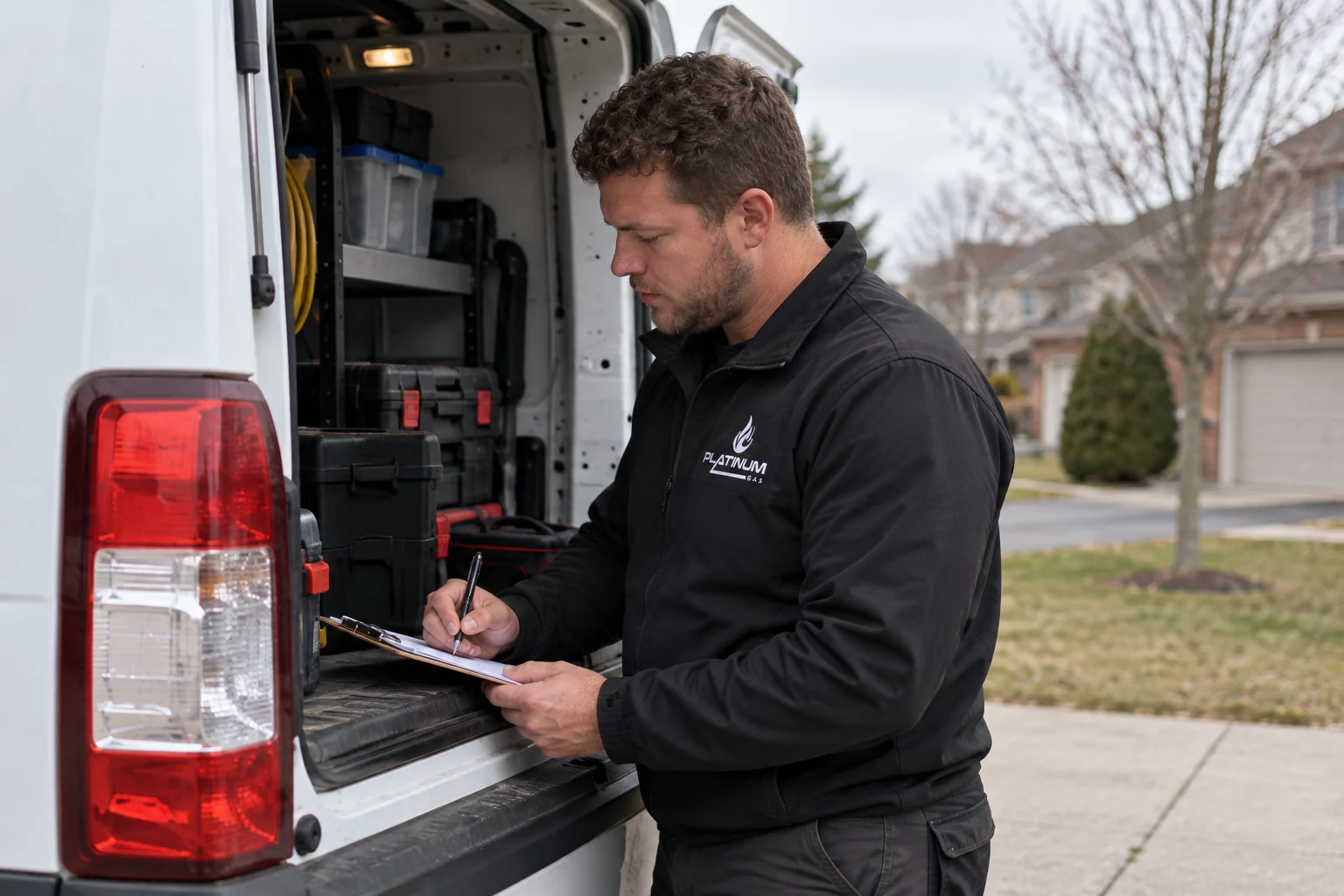 Reilly reviewing service notes beside the Platinum Gas van Reilly reviewing service notes beside the Platinum Gas van