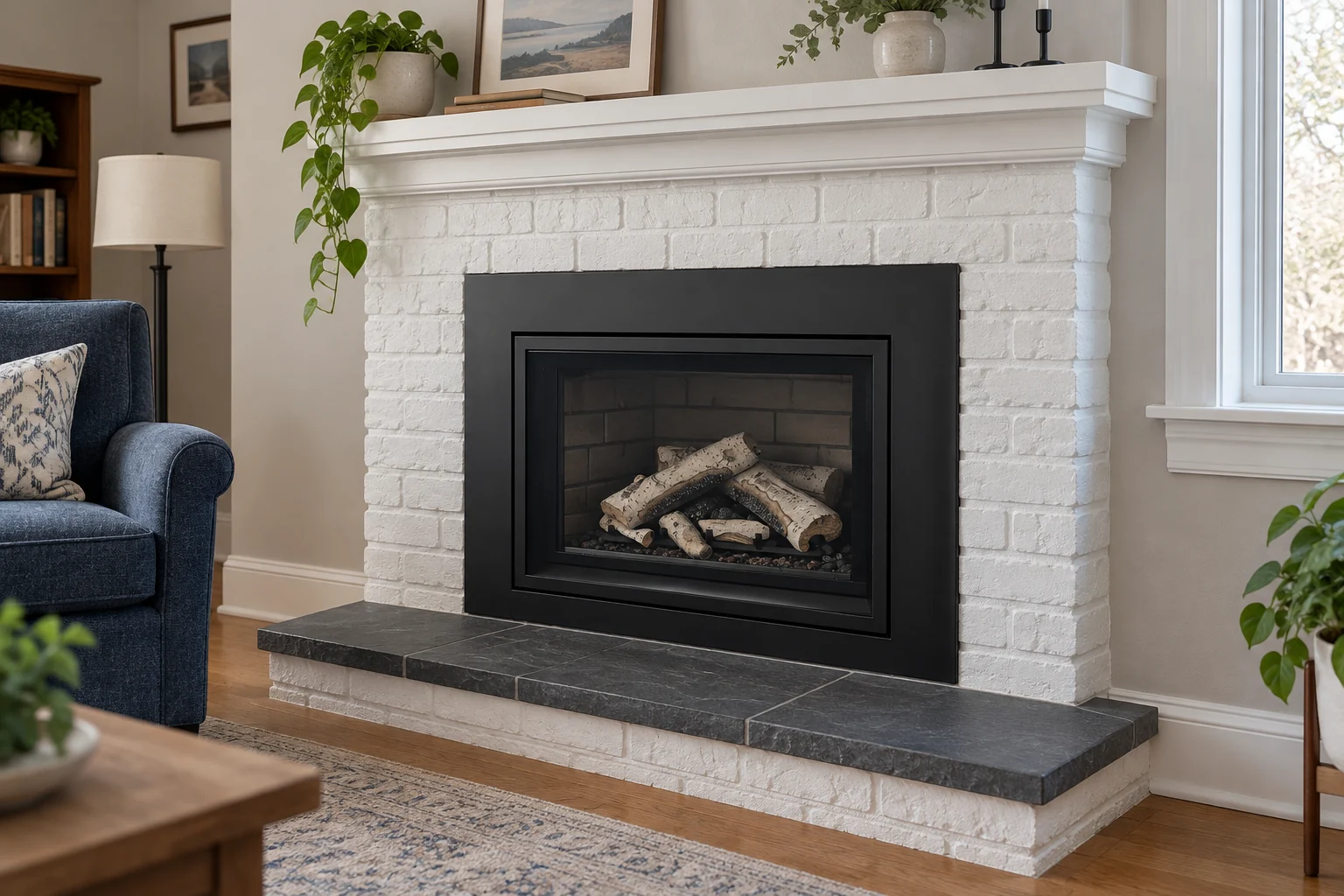 Sealed gas fireplace in a painted-brick living-room alcove