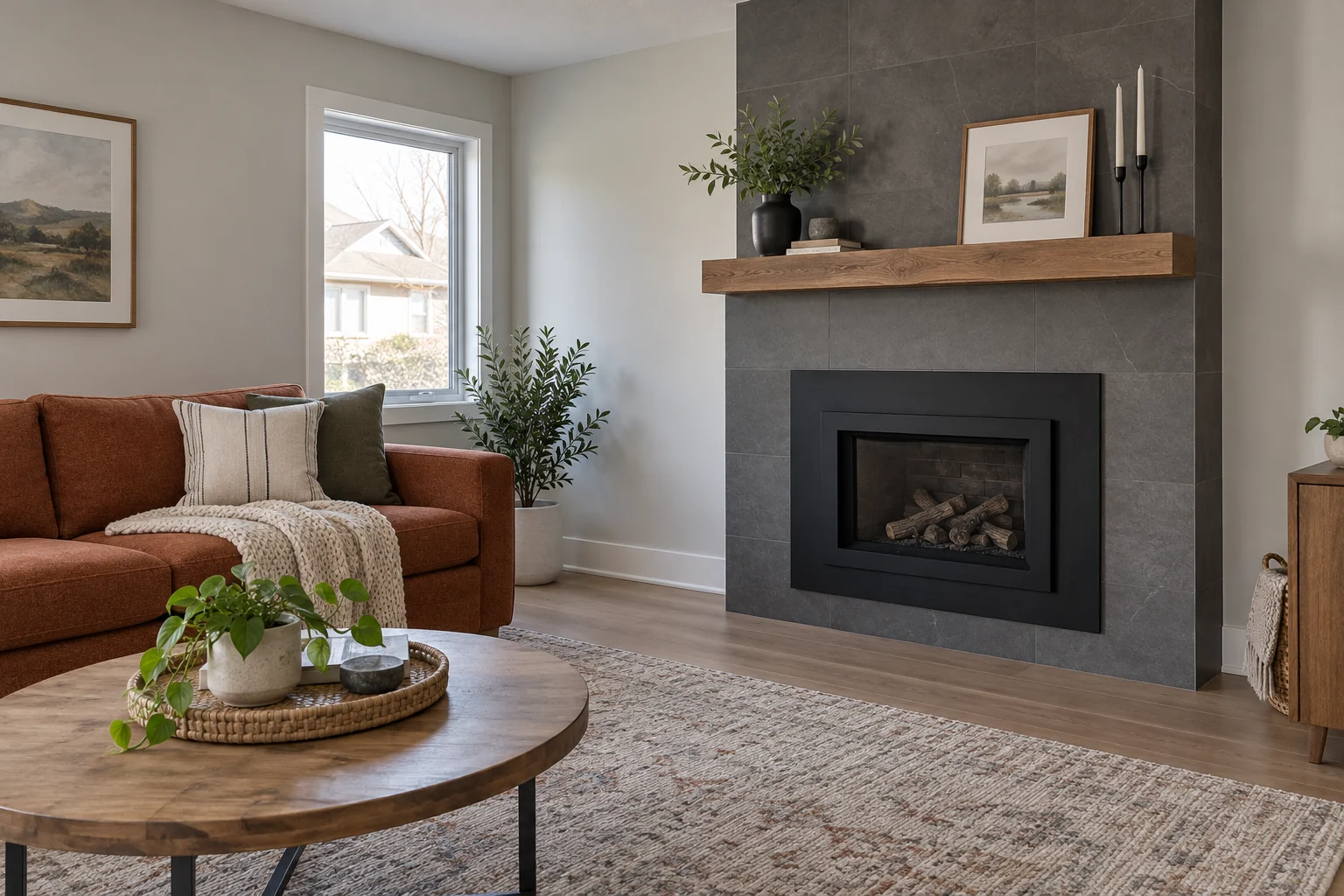 Gas fireplace and seating in a comfortable living room