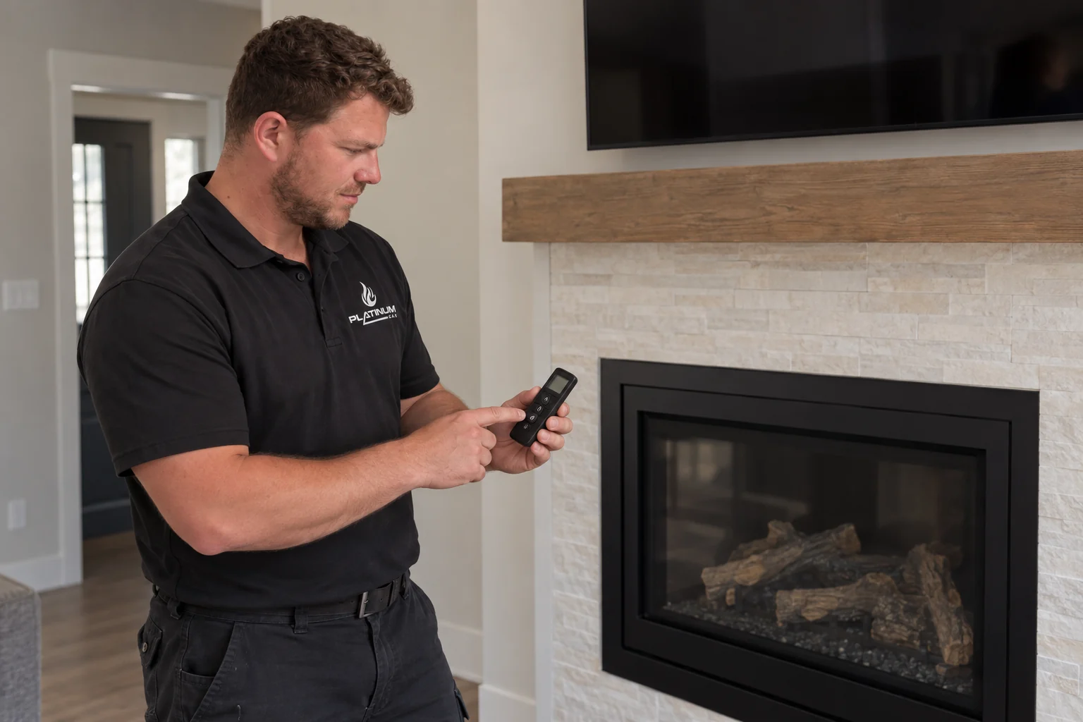 Reilly demonstrating the controls beside a gas fireplace