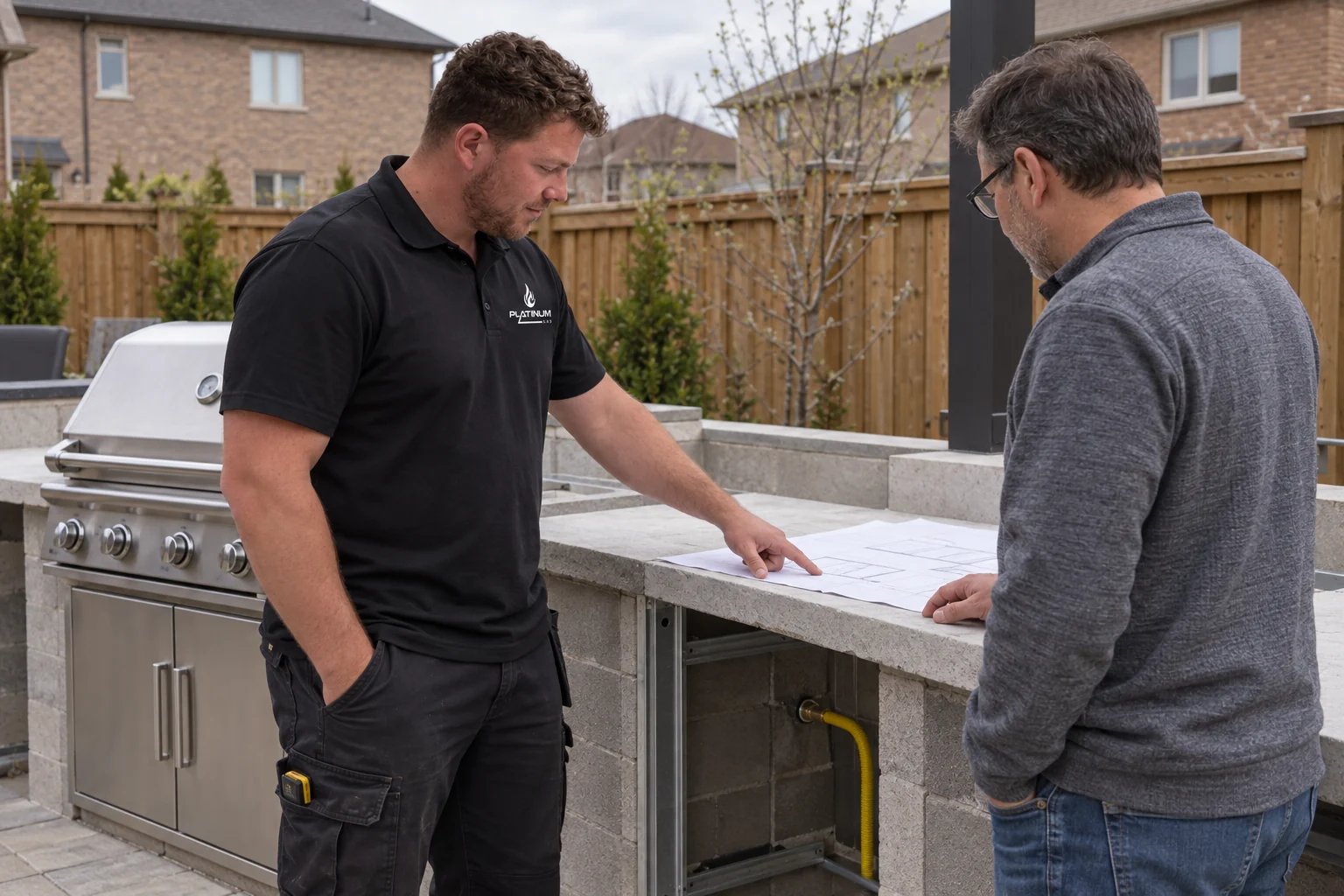Illustrative scene of Reilly reviewing an outdoor kitchen layout with a homeowner