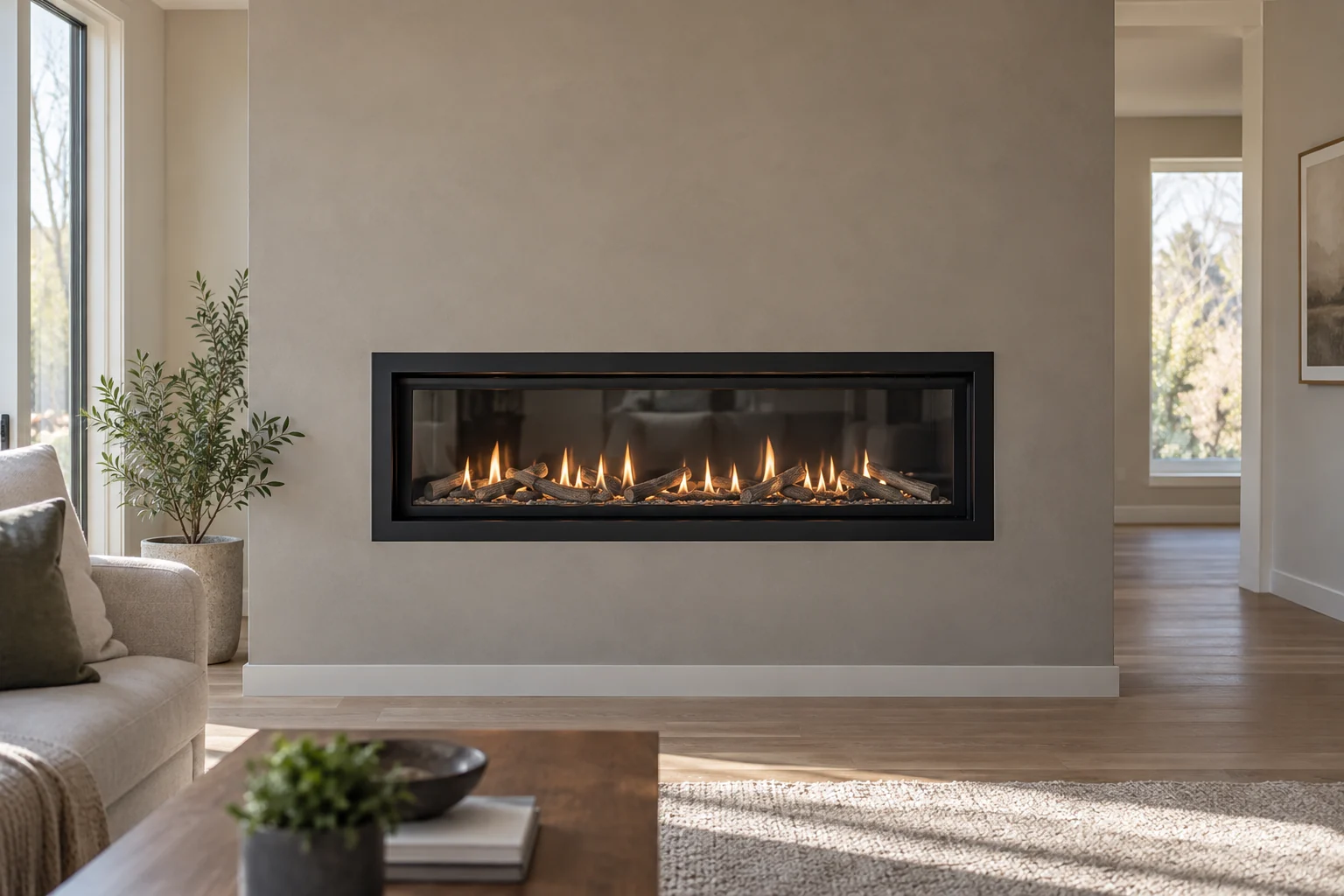 Linear gas fireplace in a modern living room feature wall