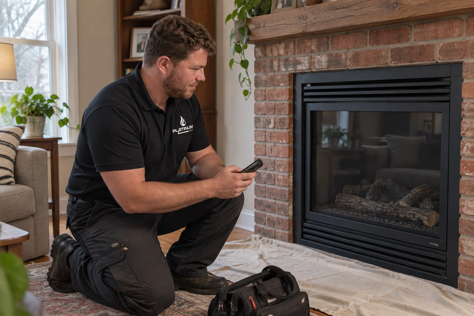 Illustrative scene of Reilly reviewing a remote beside an unlit gas fireplace