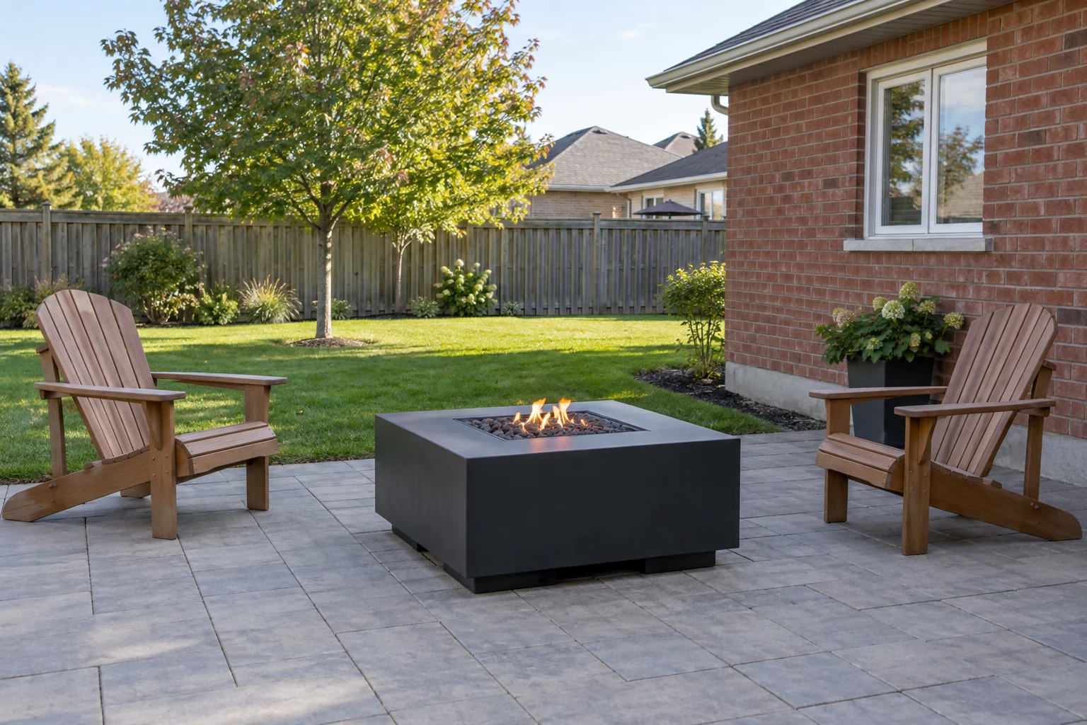 Gas fire table on a patio behind a brick home