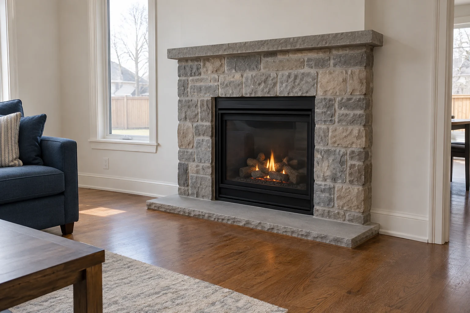 Gas fireplace with a stacked-stone surround in a family room