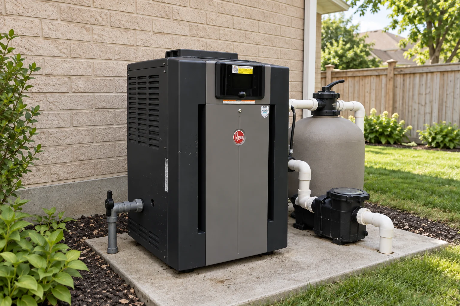 Gas pool heater beside a backyard pool