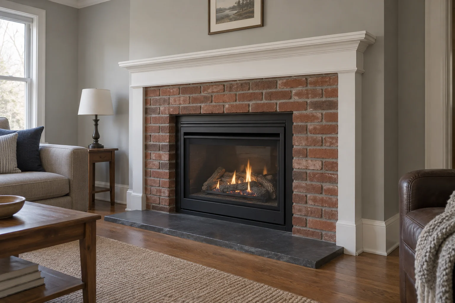 Gas insert in a red brick fireplace with a white mantel and slate hearth
