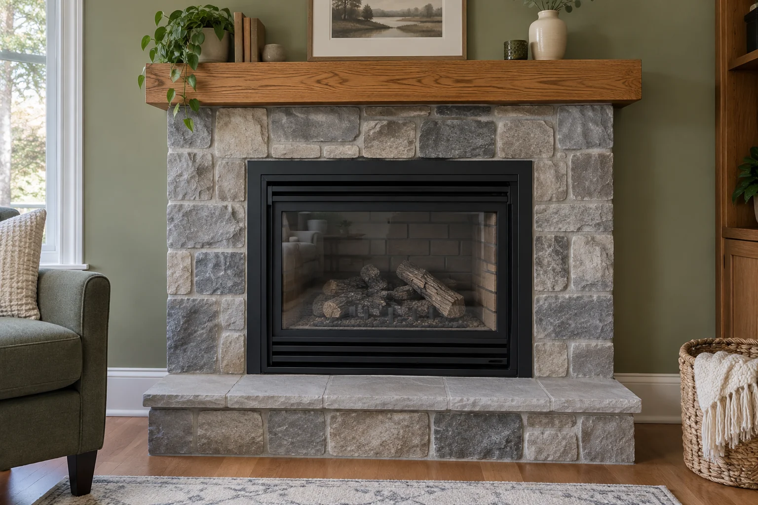 Gas fireplace in a stone surround in a family room