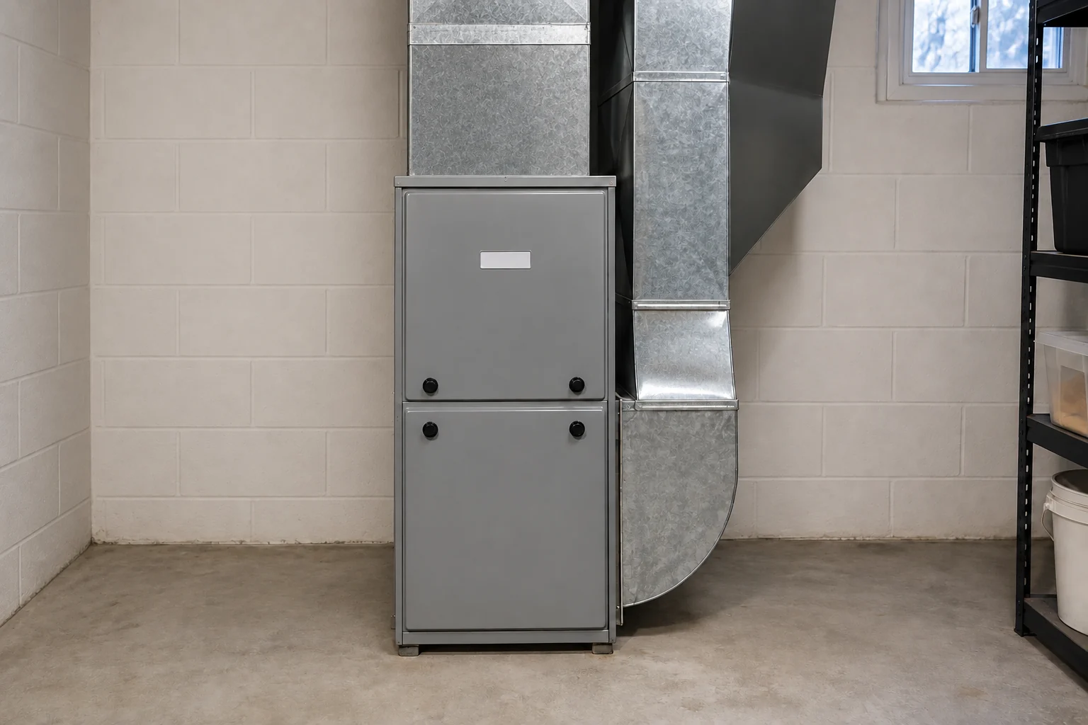 Gas furnace installed in a basement utility room