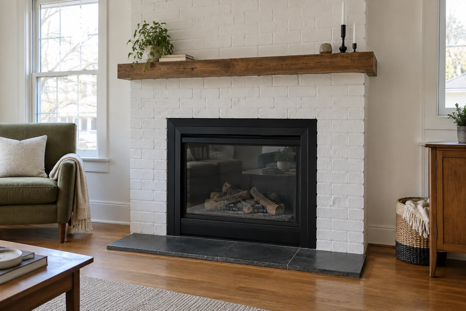 Unlit gas fireplace in a white brick surround with a slate hearth