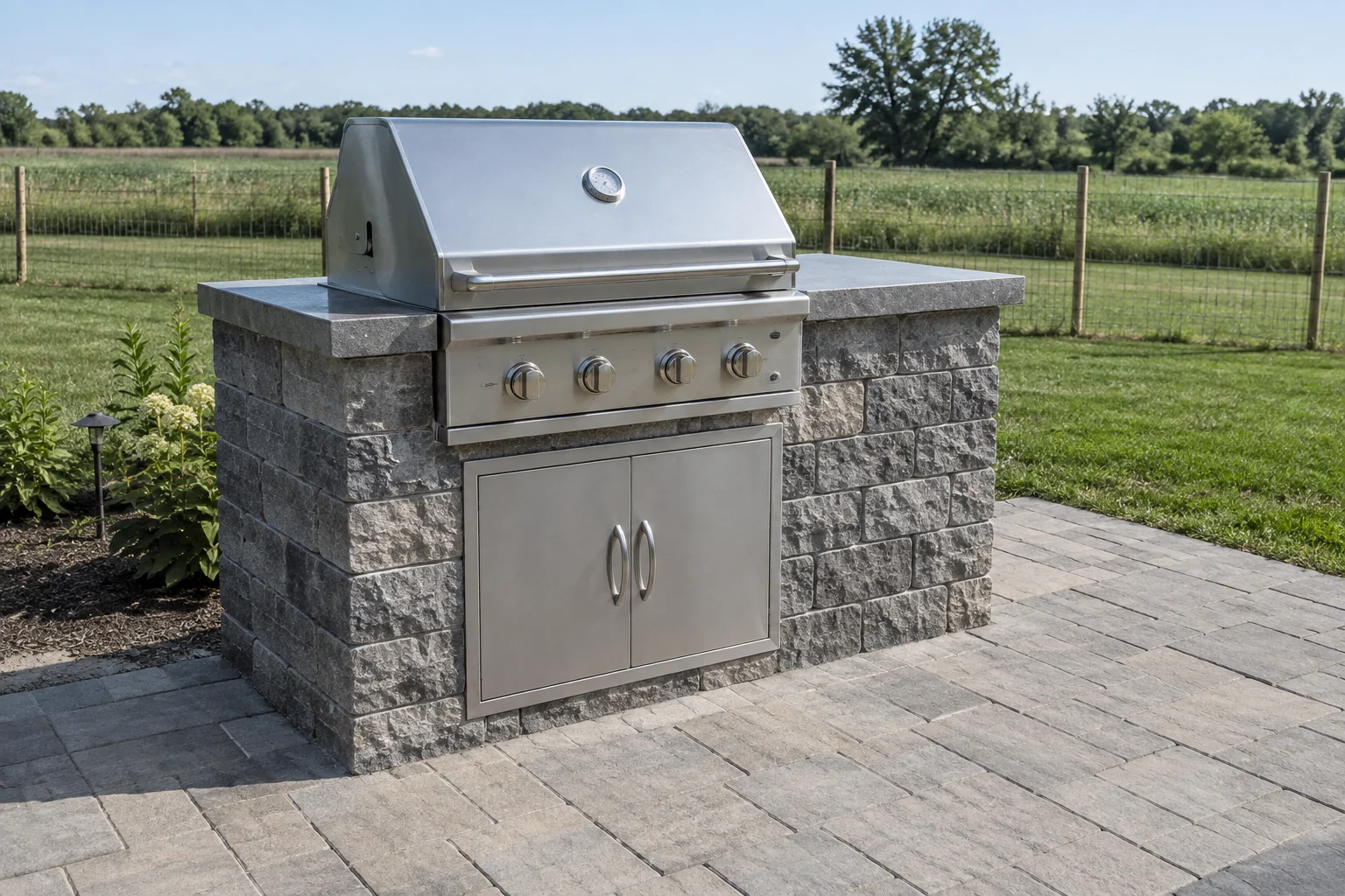 Built-in gas BBQ on a stone patio beside open farmland