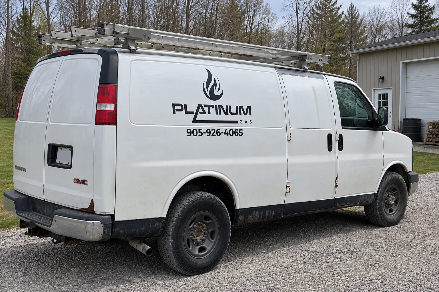 Platinum Gas service van parked on a rural Clarington driveway