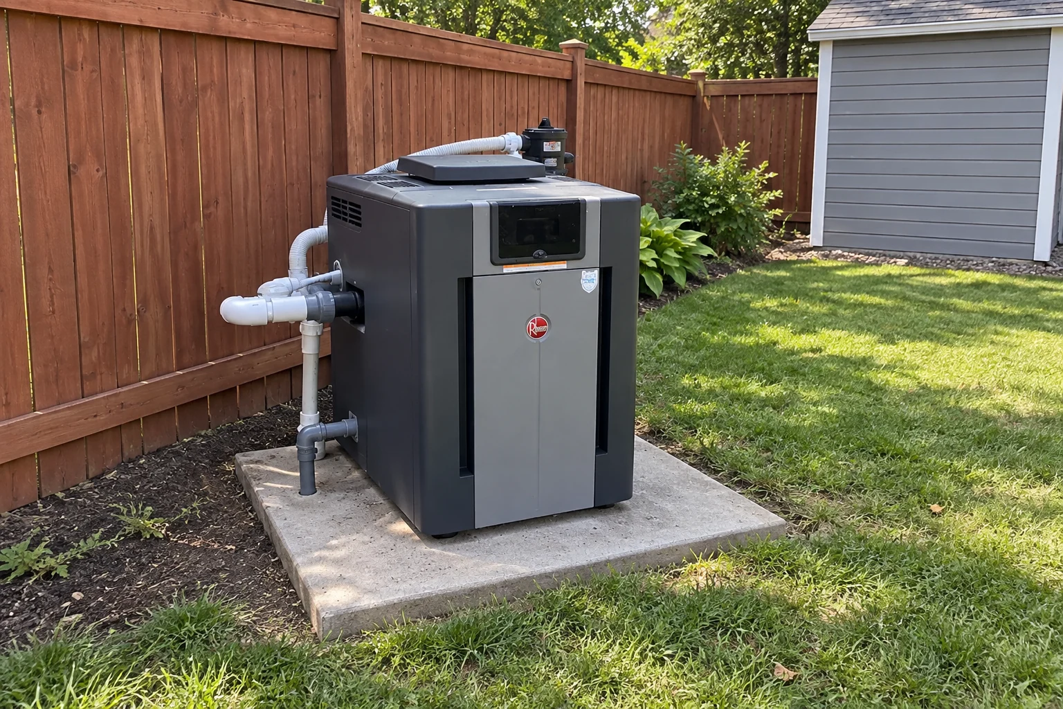 Gas pool heater on a concrete pad beside a wooden fence