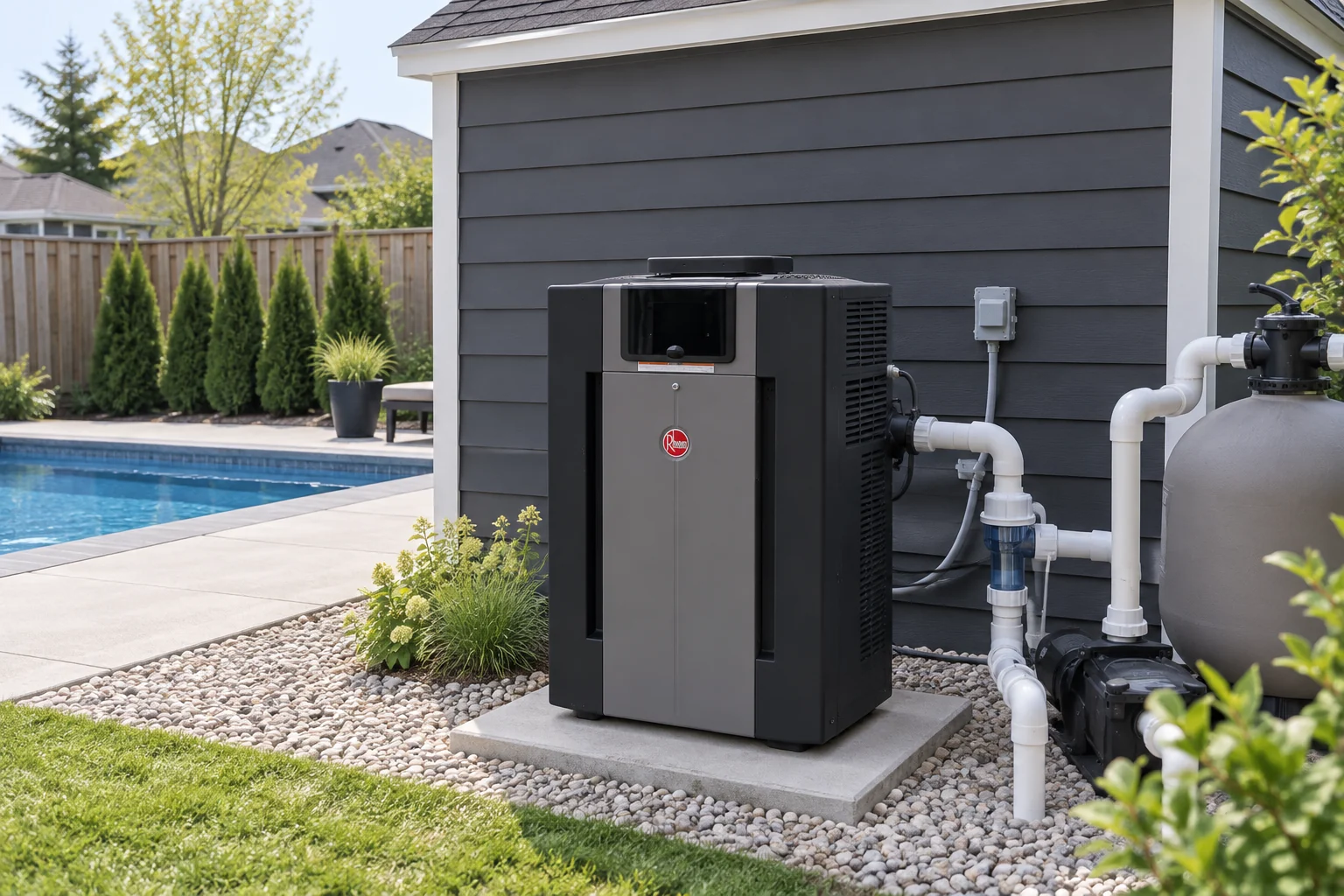 Gas pool heater and pump on a gravel pad beside a backyard pool