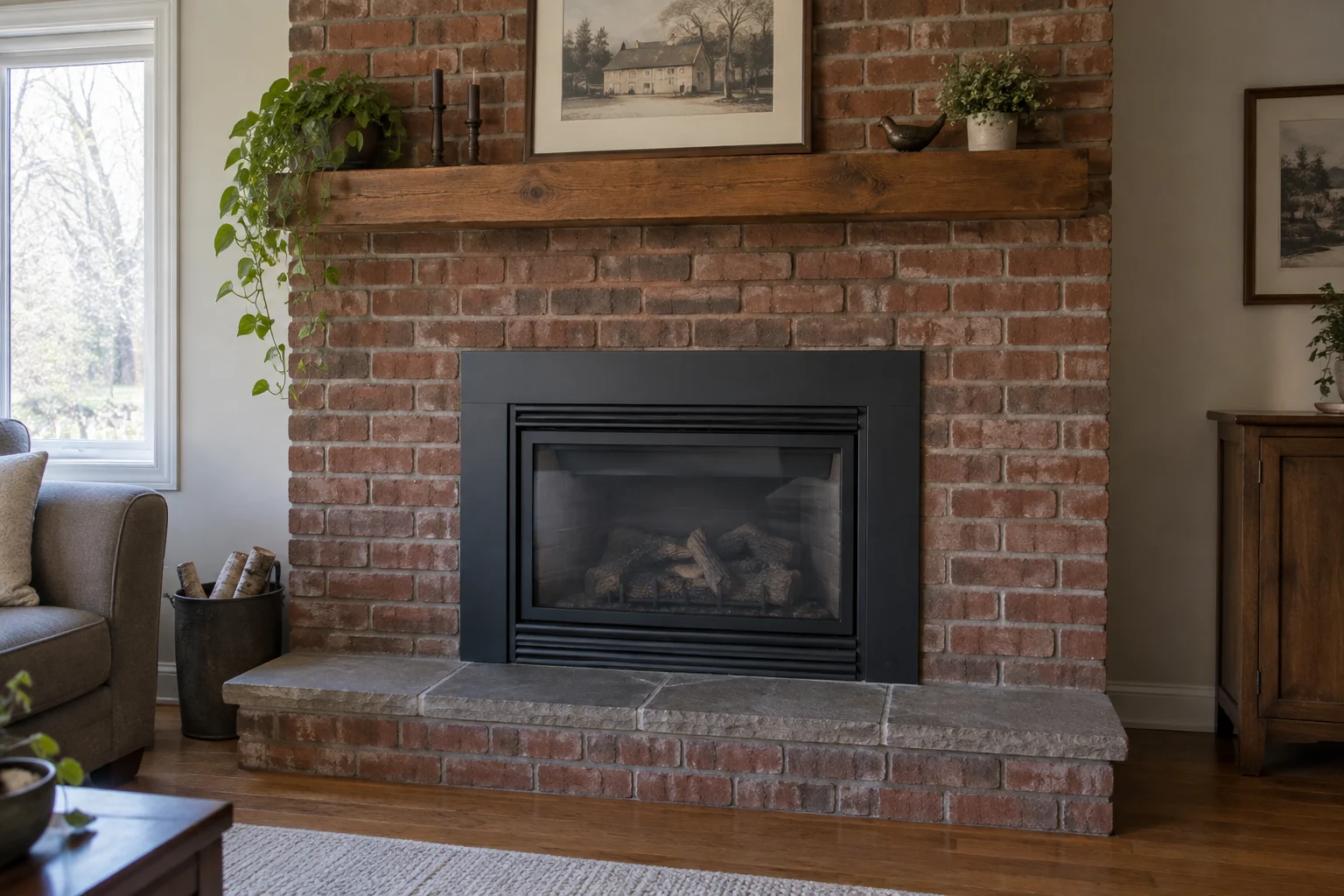 Gas fireplace insert in a red brick fireplace with a wood mantel