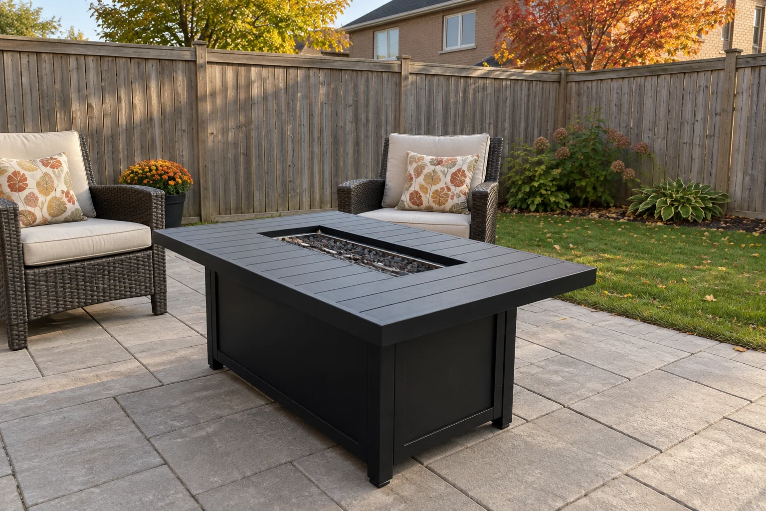 Gas fire table on a stone patio in a Newcastle-area backyard