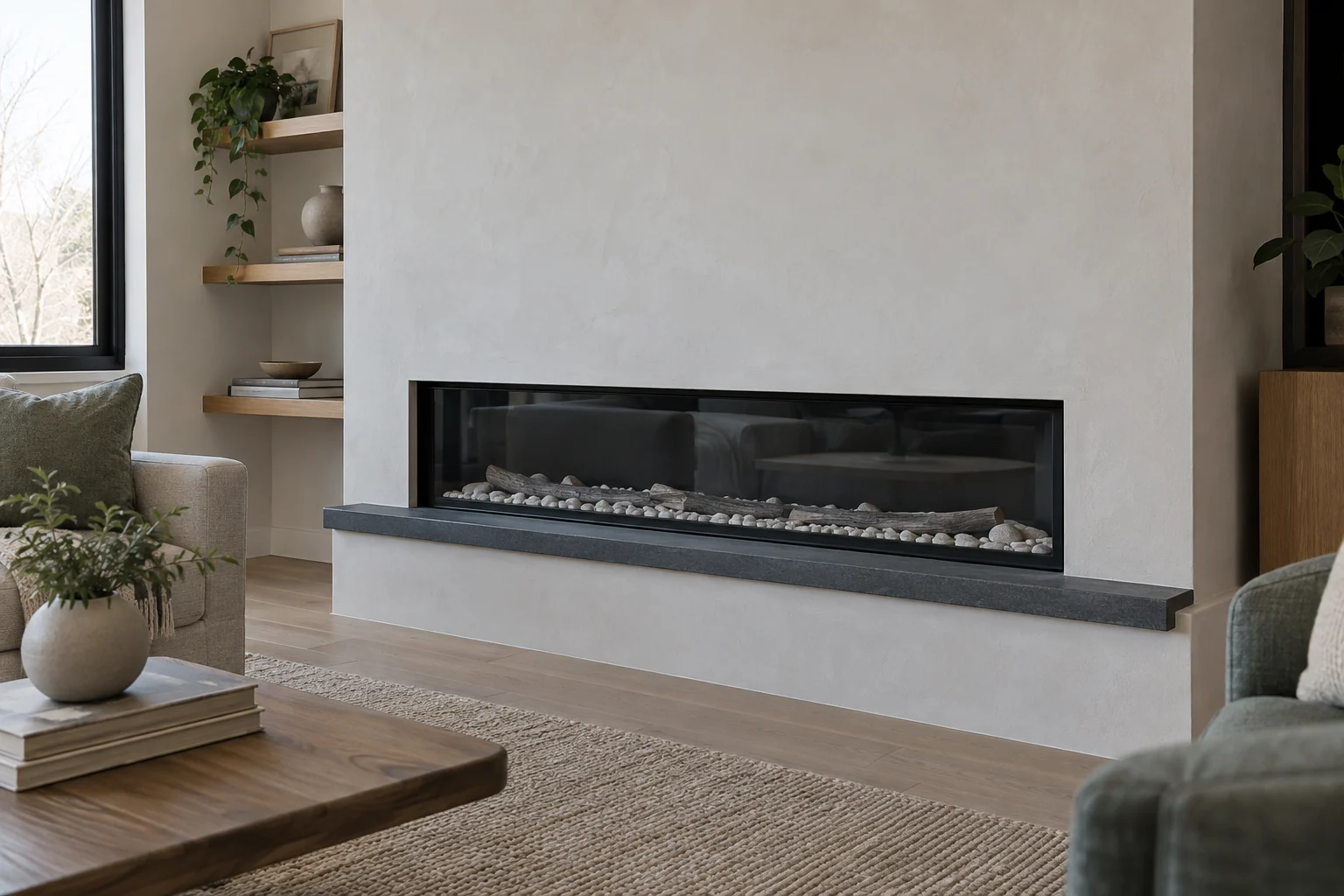 Linear gas fireplace in a white feature wall