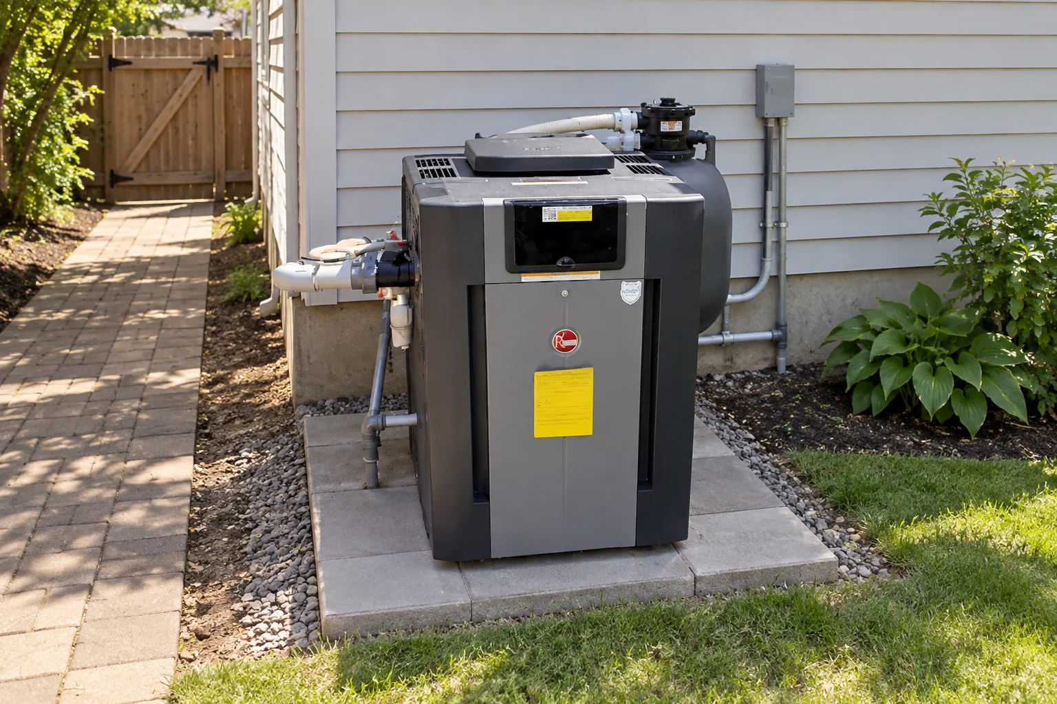 Gas pool heater on a paver pad in a side yard