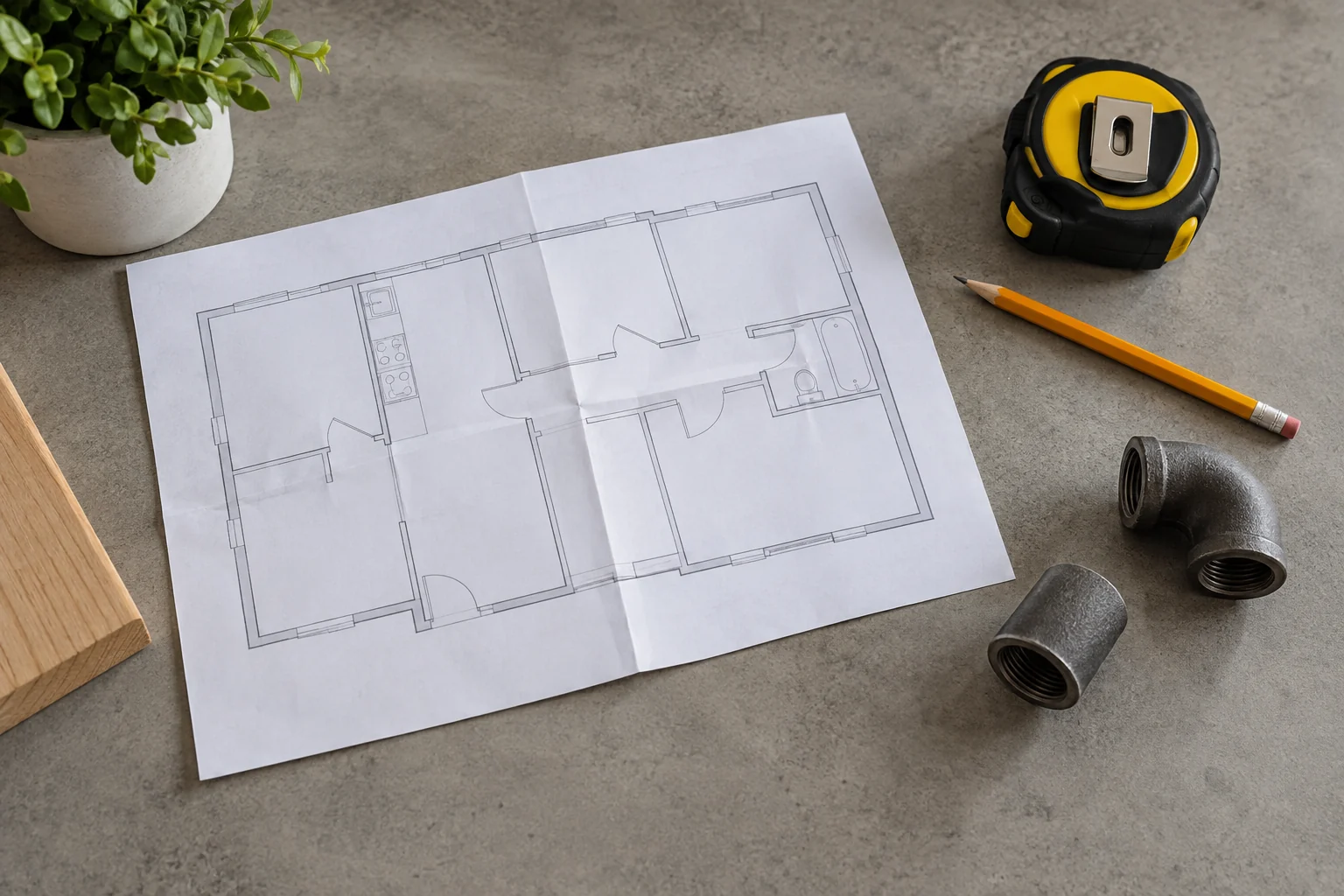 Floor plan, tape measure and gas fittings laid out for a new line