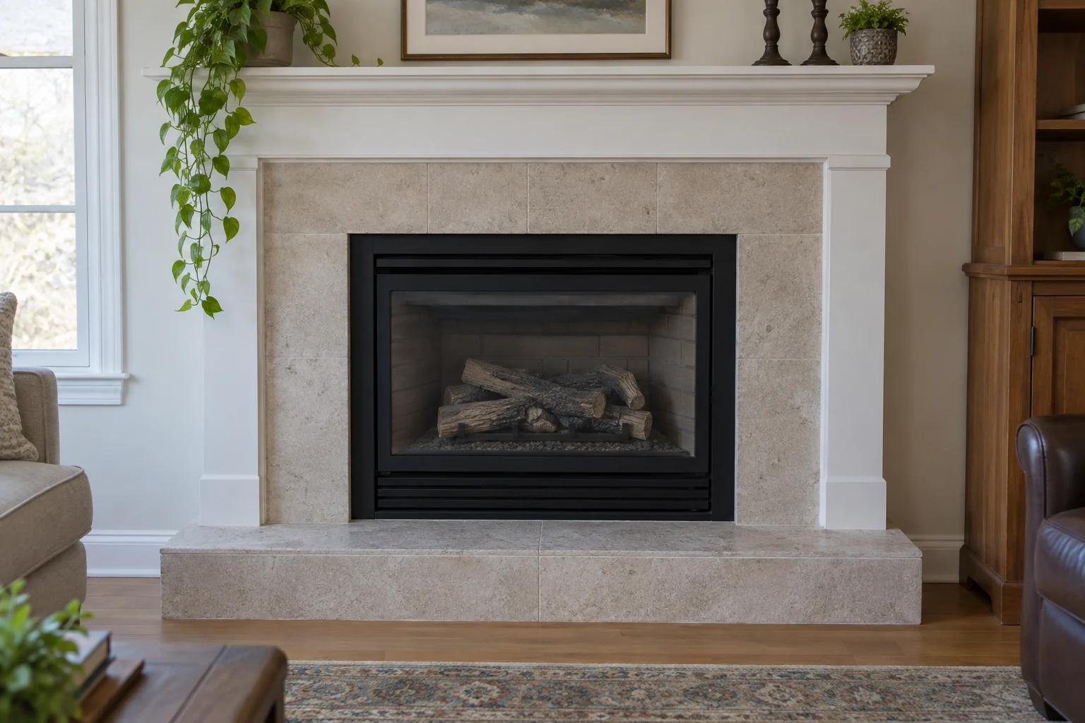 Gas fireplace with a limestone surround and white mantel