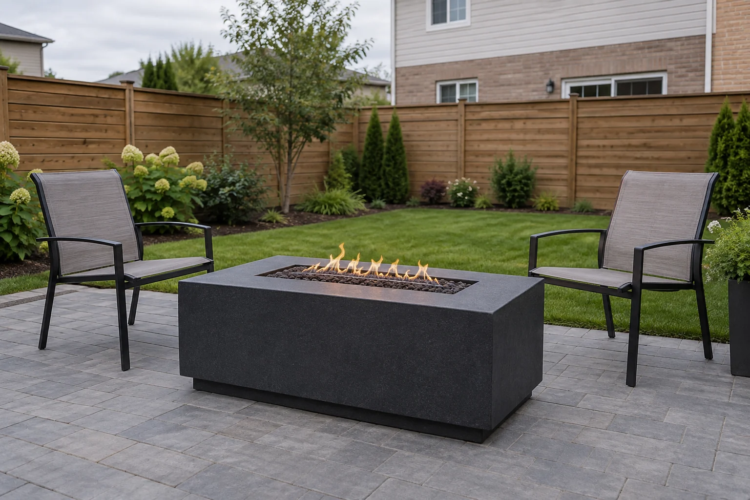 Gas fire table on a stone patio with outdoor seating
