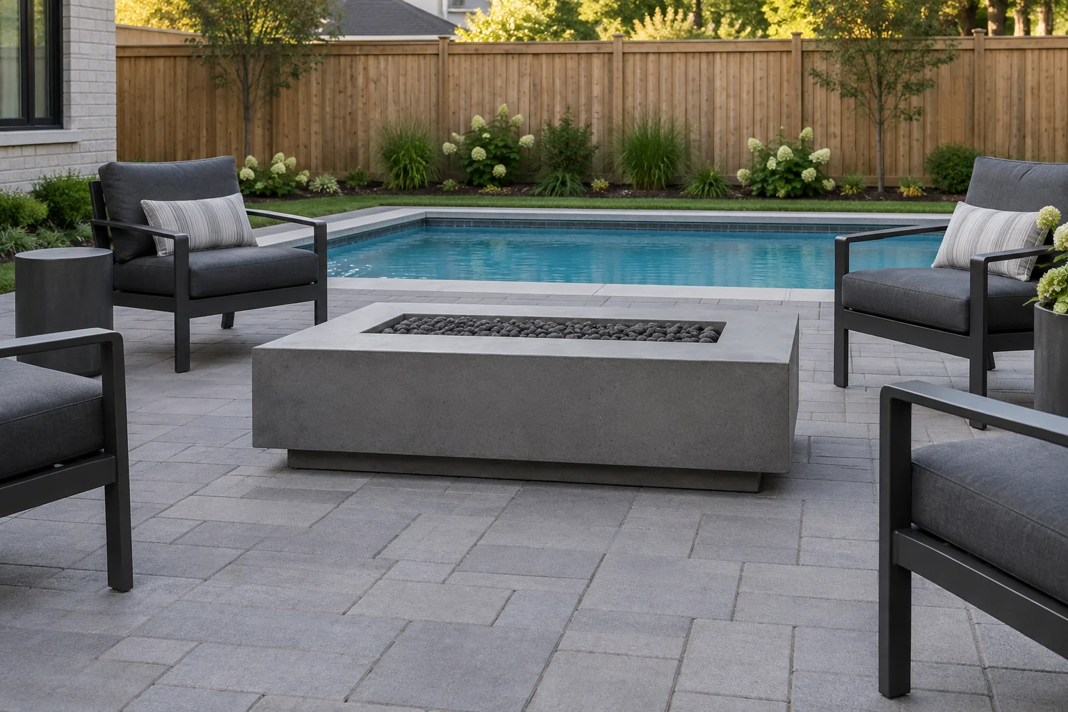 Gas fire table on a patio beside a backyard pool