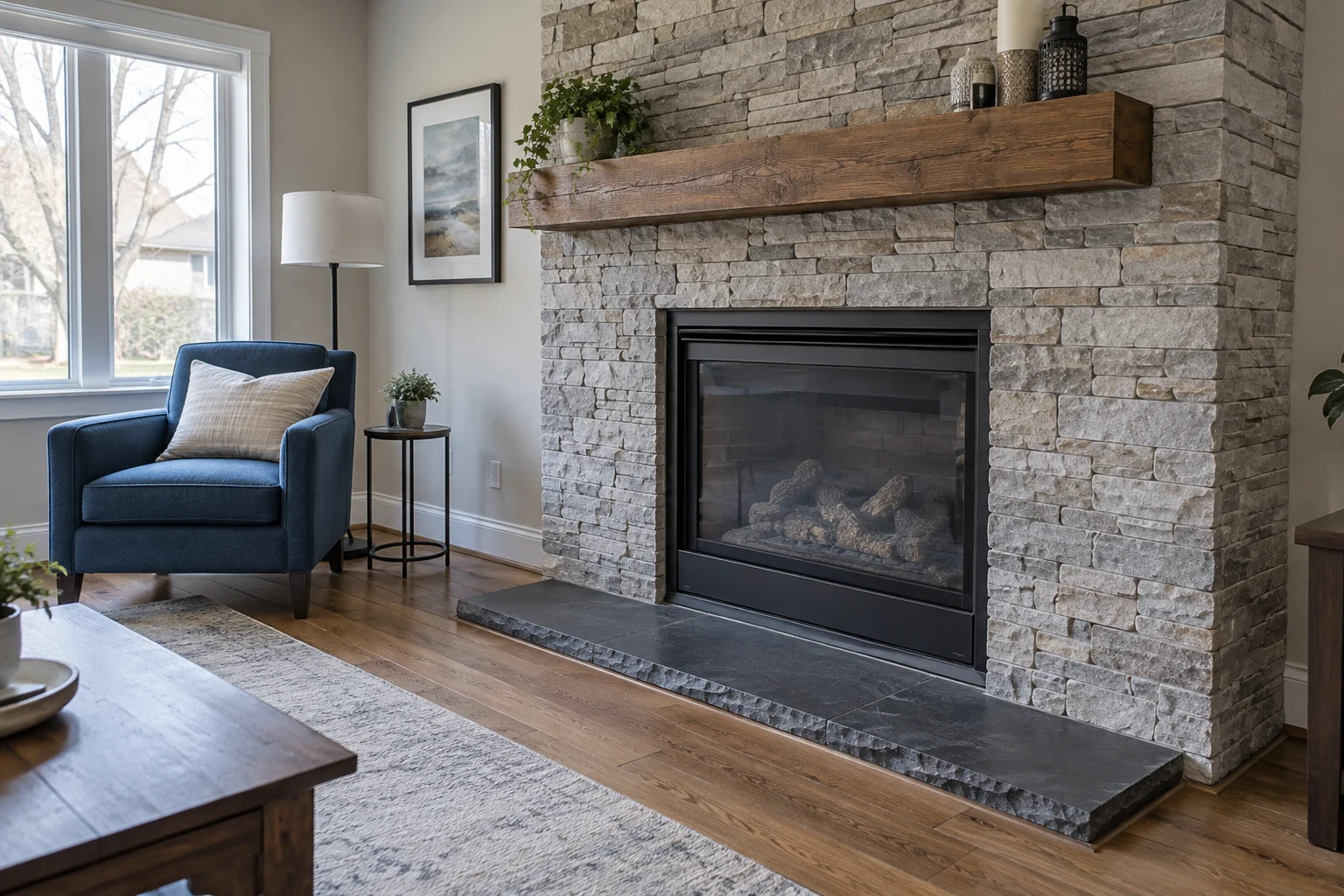 Gas fireplace with a stacked-stone surround and wood mantel
