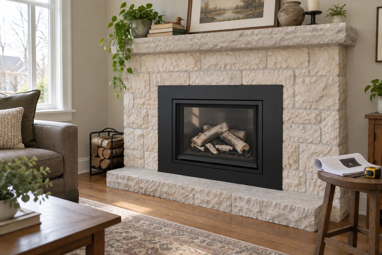 Gas insert in a limestone opening with measuring notes nearby