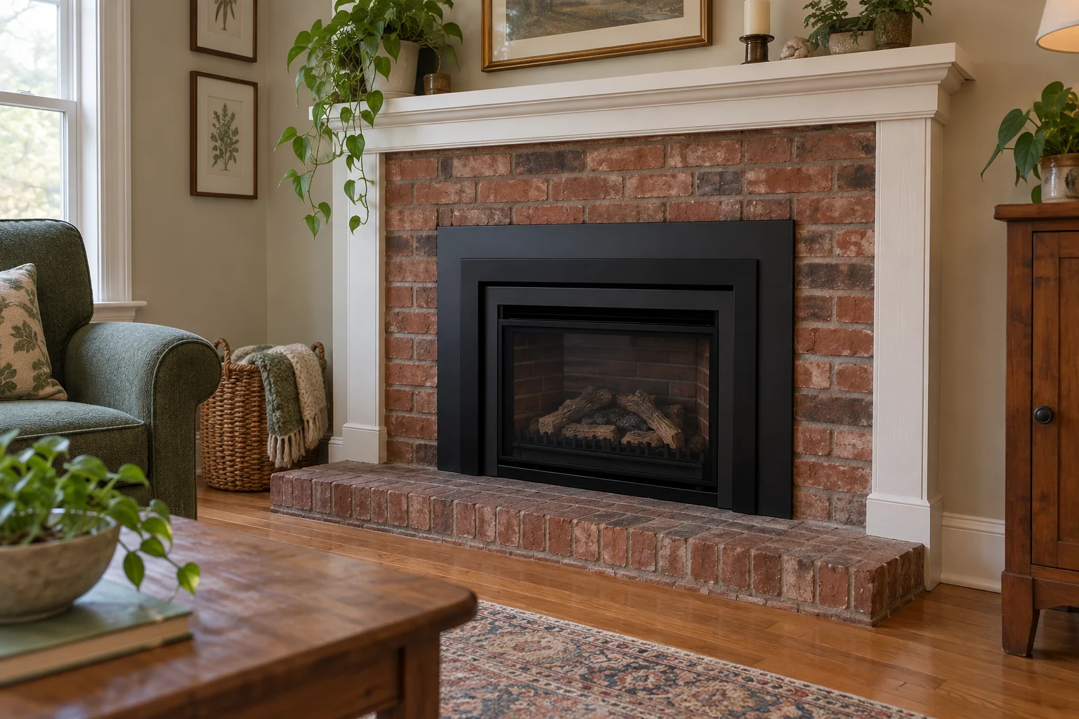 Older gas insert in an existing red-brick fireplace