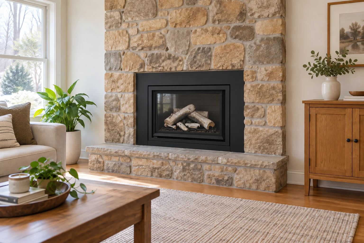 Gas insert fitted within an existing fieldstone surround