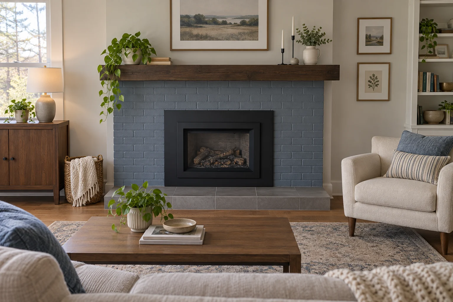 Compact gas insert in a painted-brick fireplace