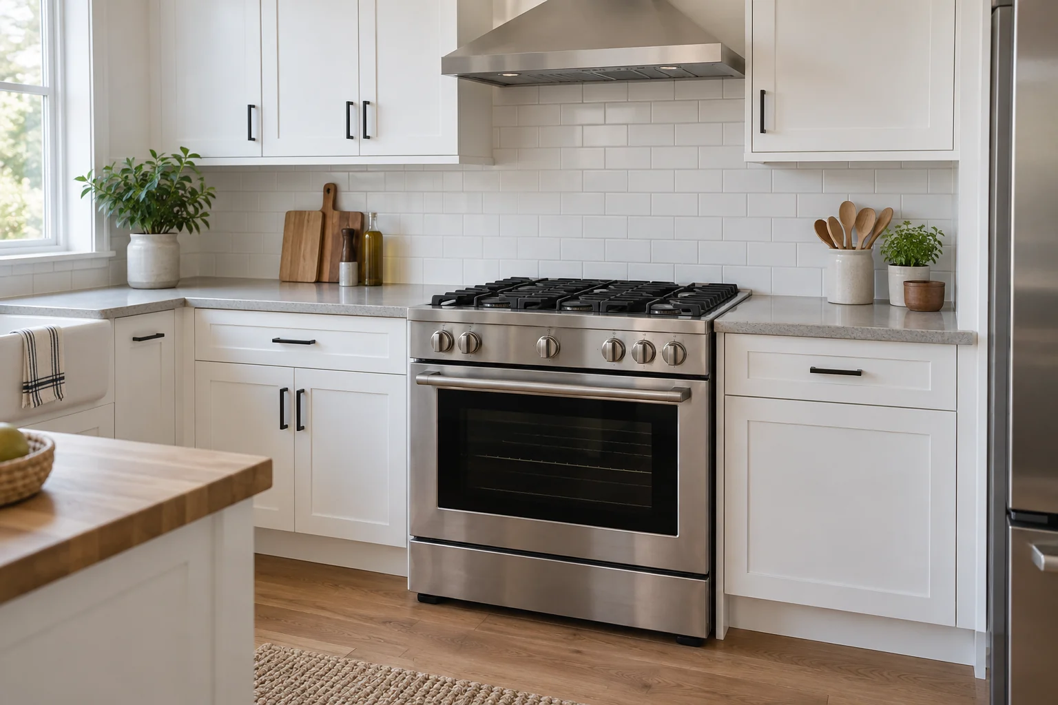 Gas range in a finished residential kitchen