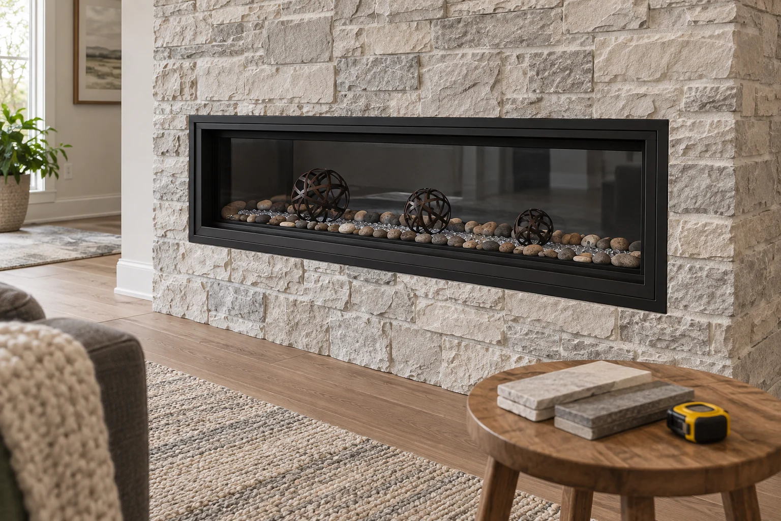 Linear gas fireplace with stone samples for wall planning