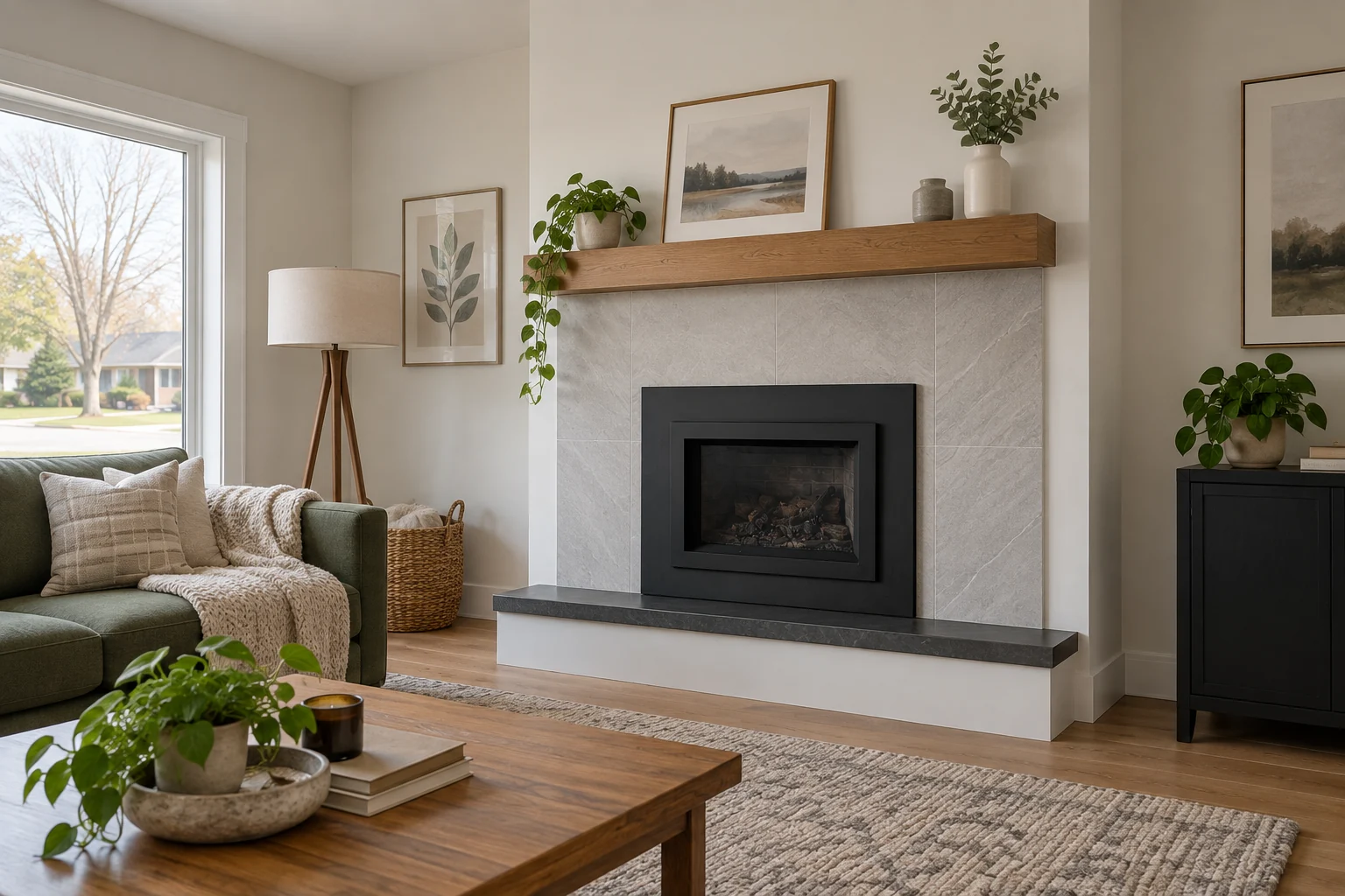 Built-in gas fireplace in a plaster and porcelain-tile feature wall