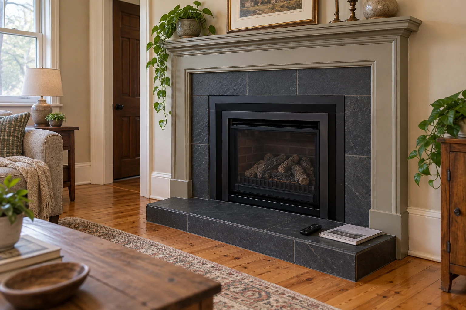 Gas fireplace and booklet for model-specific fuel-conversion review