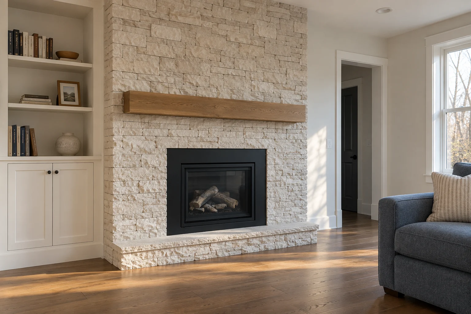 Gas fireplace integrated with a finished stone feature wall