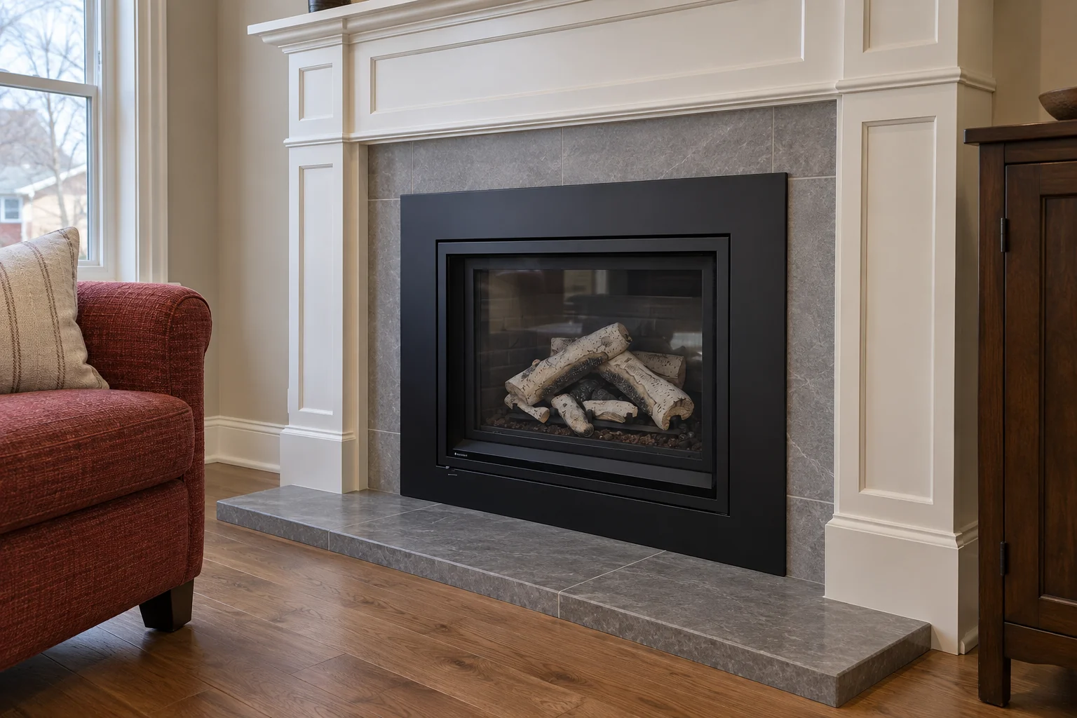 Sealed gas fireplace with a simple panelled mantel