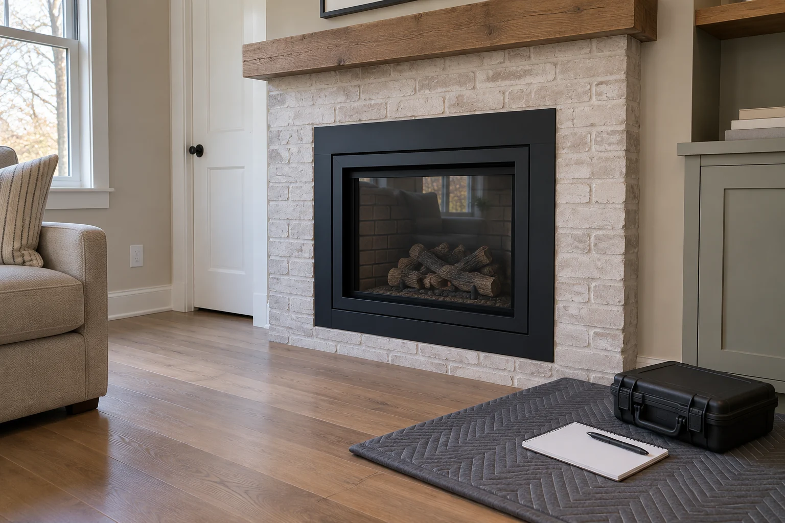 Closed gas fireplace with a diagnostic kit prepared nearby