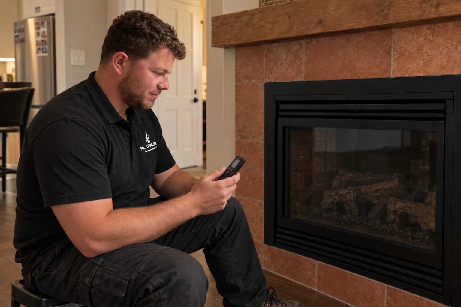 Reilly checking a fireplace remote beside the closed appliance