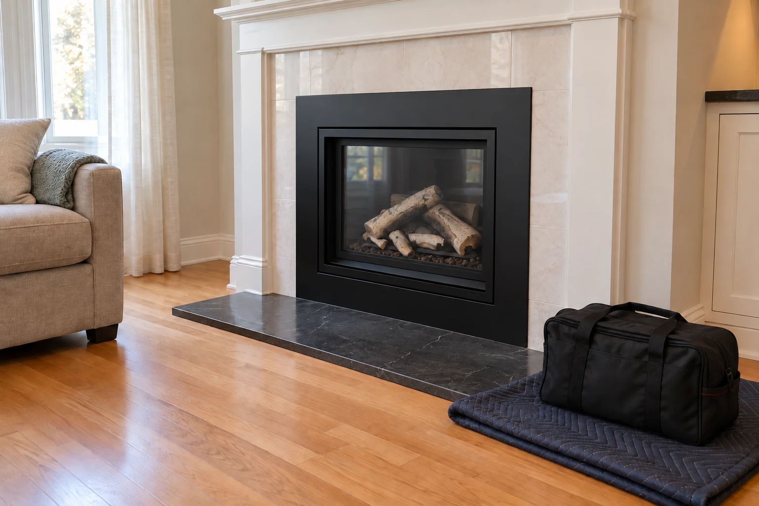 Gas fireplace with protective sheet and closed service bag ready