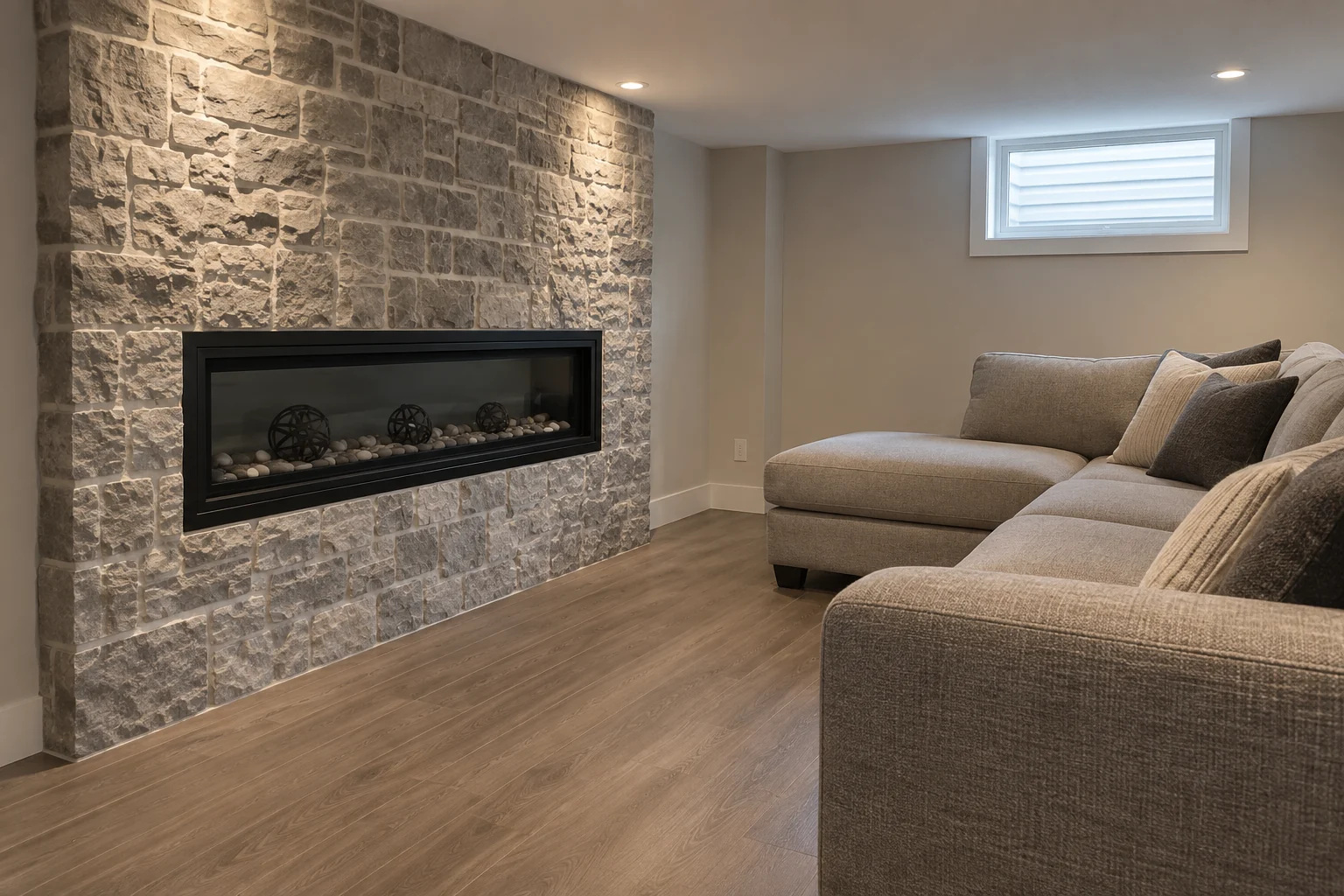 Linear gas fireplace in a finished basement lounge