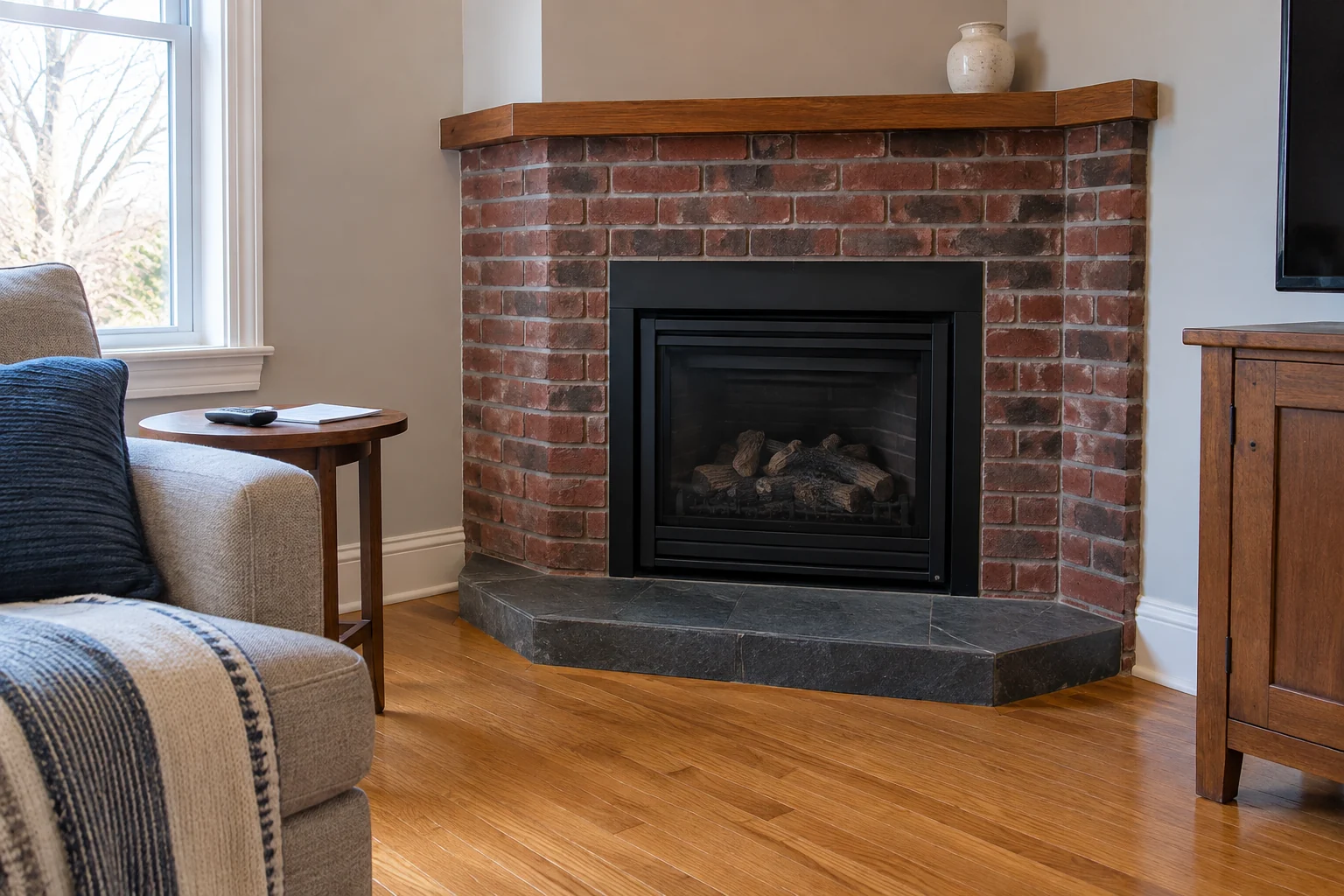 Unlit corner gas fireplace with service notes nearby