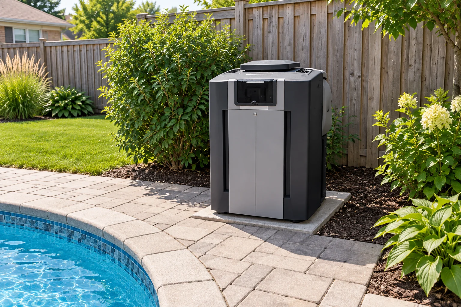 Closed gas pool heater in an ordinary level backyard