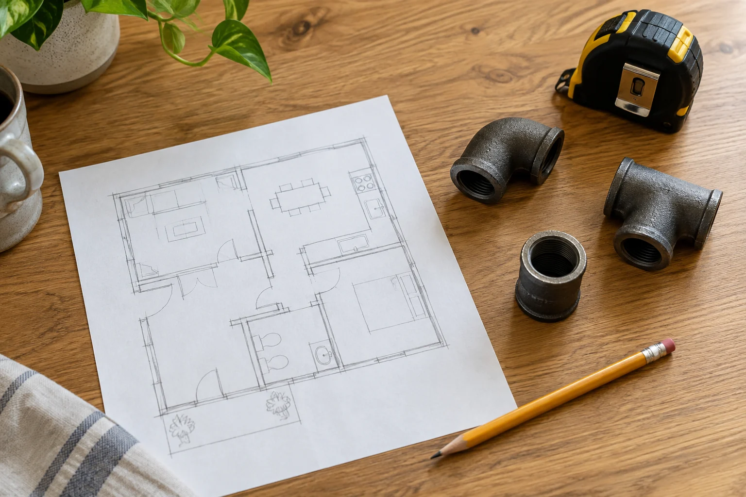Floor-plan notes, measuring tape and separate fittings for gas-line planning