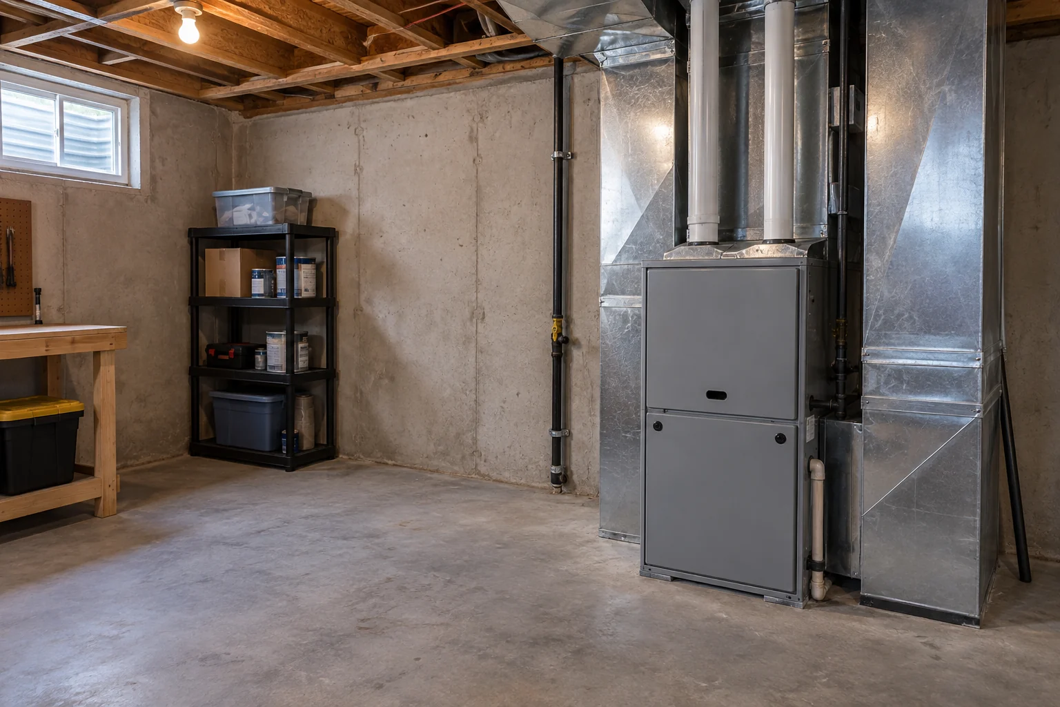 Accessible service piping in a basement utility room