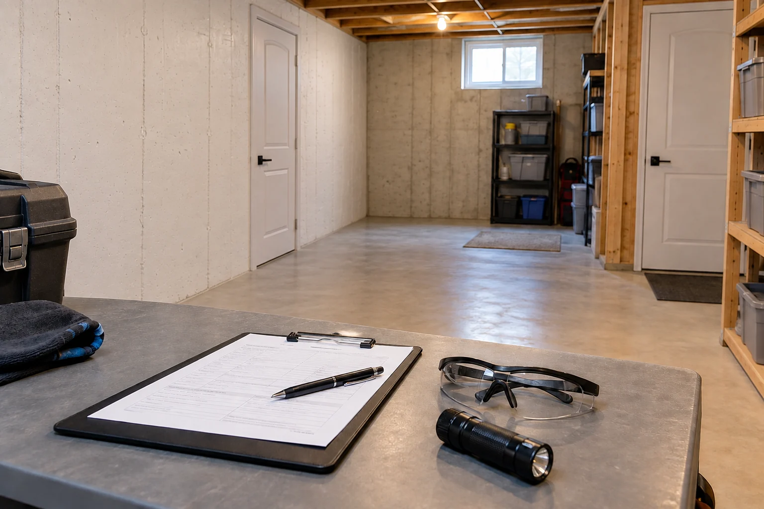 Repair planning notes and inspection tools beside a clear access aisle