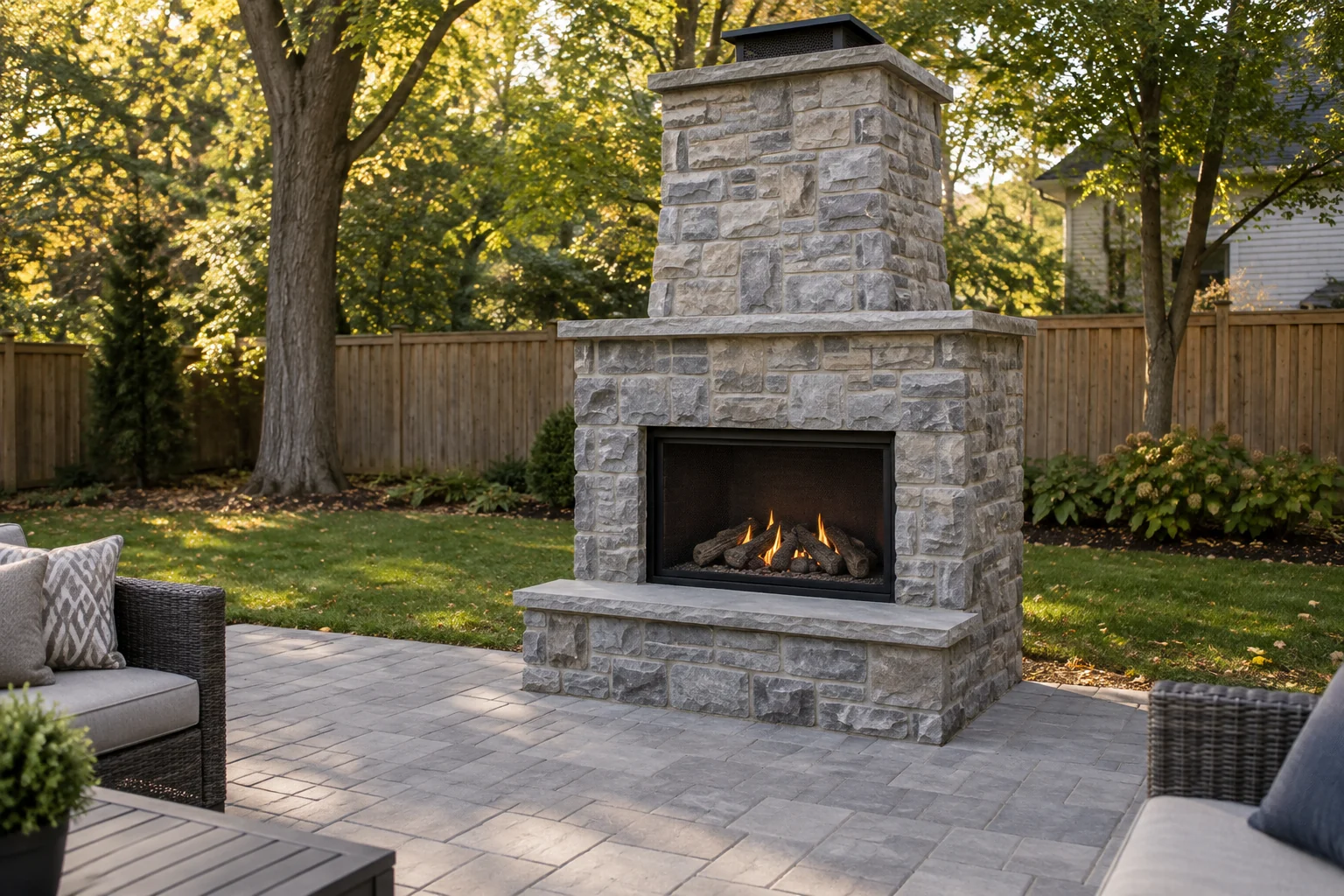 Outdoor gas fire feature on a level patio