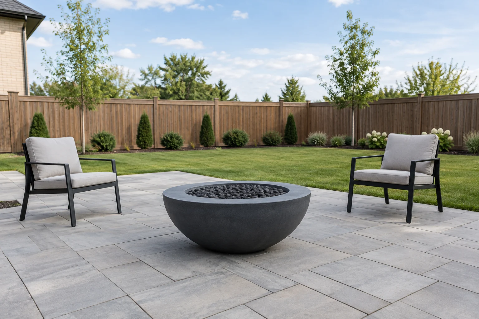 Round gas fire bowl with open walking space on a backyard patio