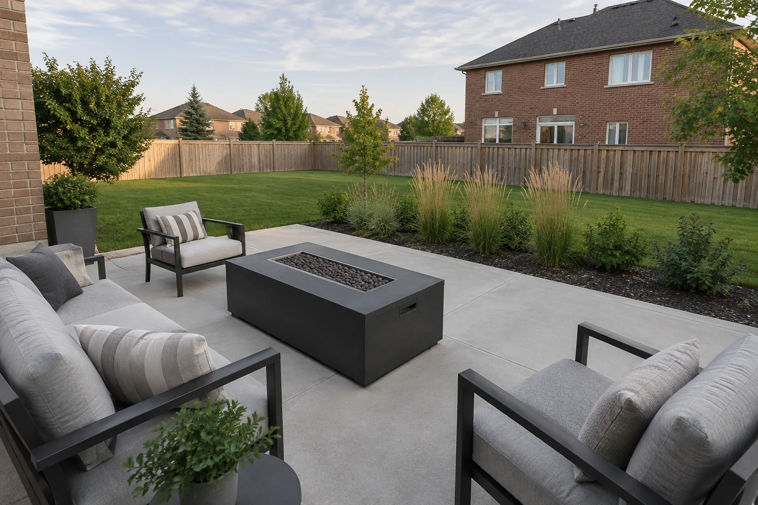 Rectangular gas fire table in a concrete patio layout with clear surrounding space