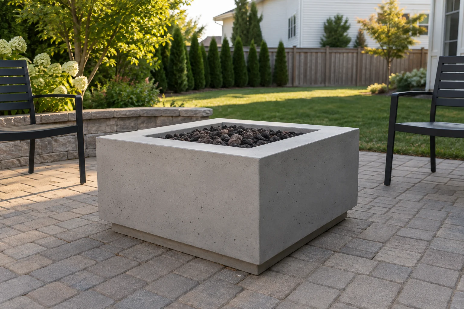 Square concrete gas fire table with an unlit burner on a residential patio